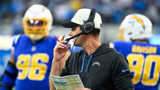 Dec 18, 2022; Inglewood, California, USA; Los Angeles Chargers head coach Brandon Staley during the fourth quarter during an NFL game against the Tennessee Titans at SoFi Stadium. Mandatory Credit: Robert Hanashiro-USA TODAY Sports